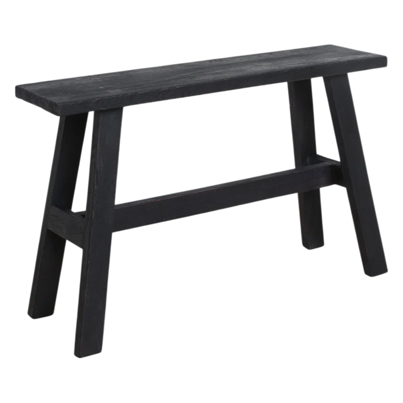 Banc en bois noir recyclé avec pieds en A pour entrée ou salon – 85x20 cm