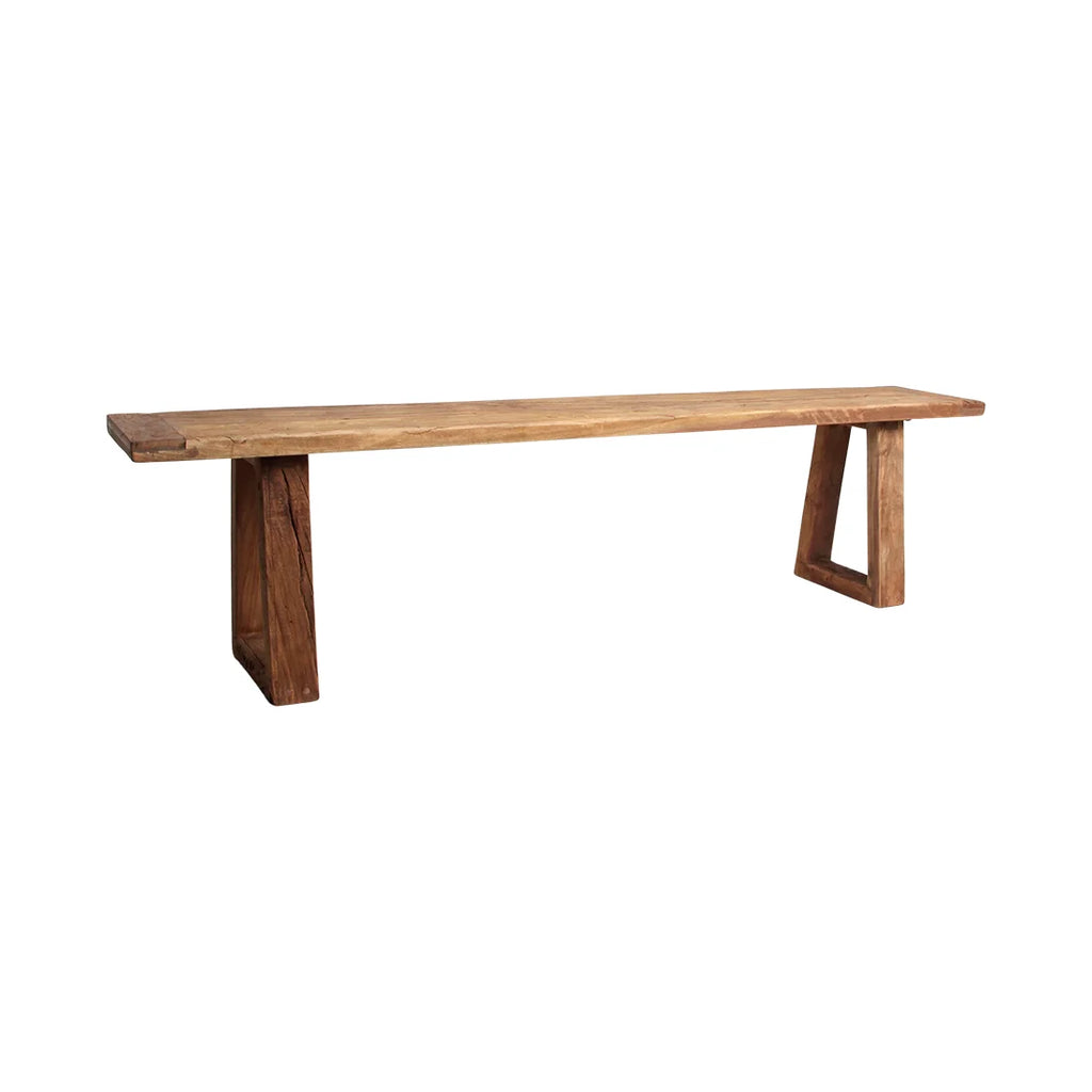 Banc en bois recyclé brun miel avec pieds trapèze, 180x30 cm
