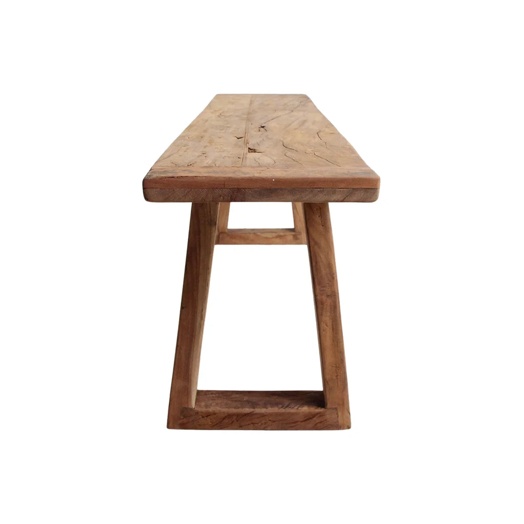 Banc en bois recyclé brun miel pieds trapèze 180x30 cm rustique
