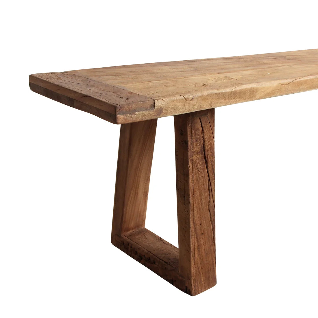 Banc en bois recyclé brun miel pieds trapèze 180x30 cm