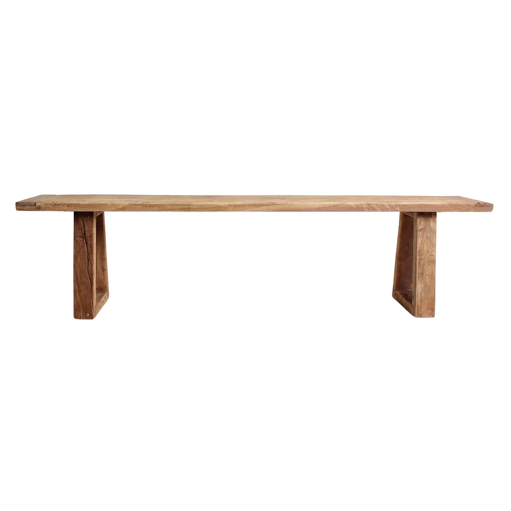 Banc en bois recyclé brun miel avec pieds trapèze, 180x30 cm