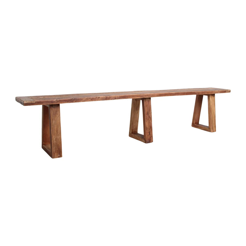Banc en bois recyclé brun pieds trapèze pour salle à manger – 200x30 cm