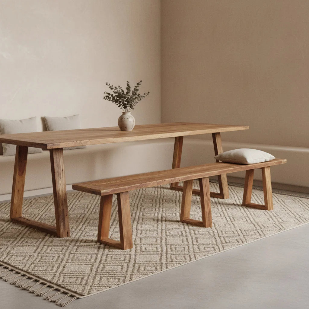 Table en bois recyclé brun pieds trapèze 200x30 cm salle à manger