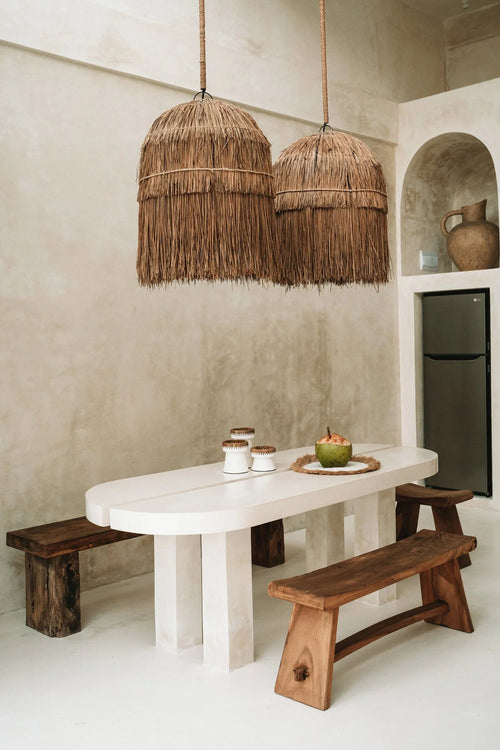 Suspension cylindrique en herbe sèche naturelle pour Banc en bois de Suar massif