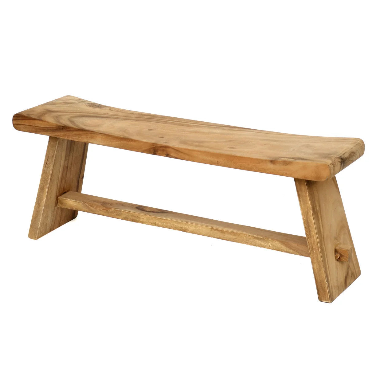 Banquette en bois de Suar massif naturel avec assise incurvée et jambes trapézoïdales