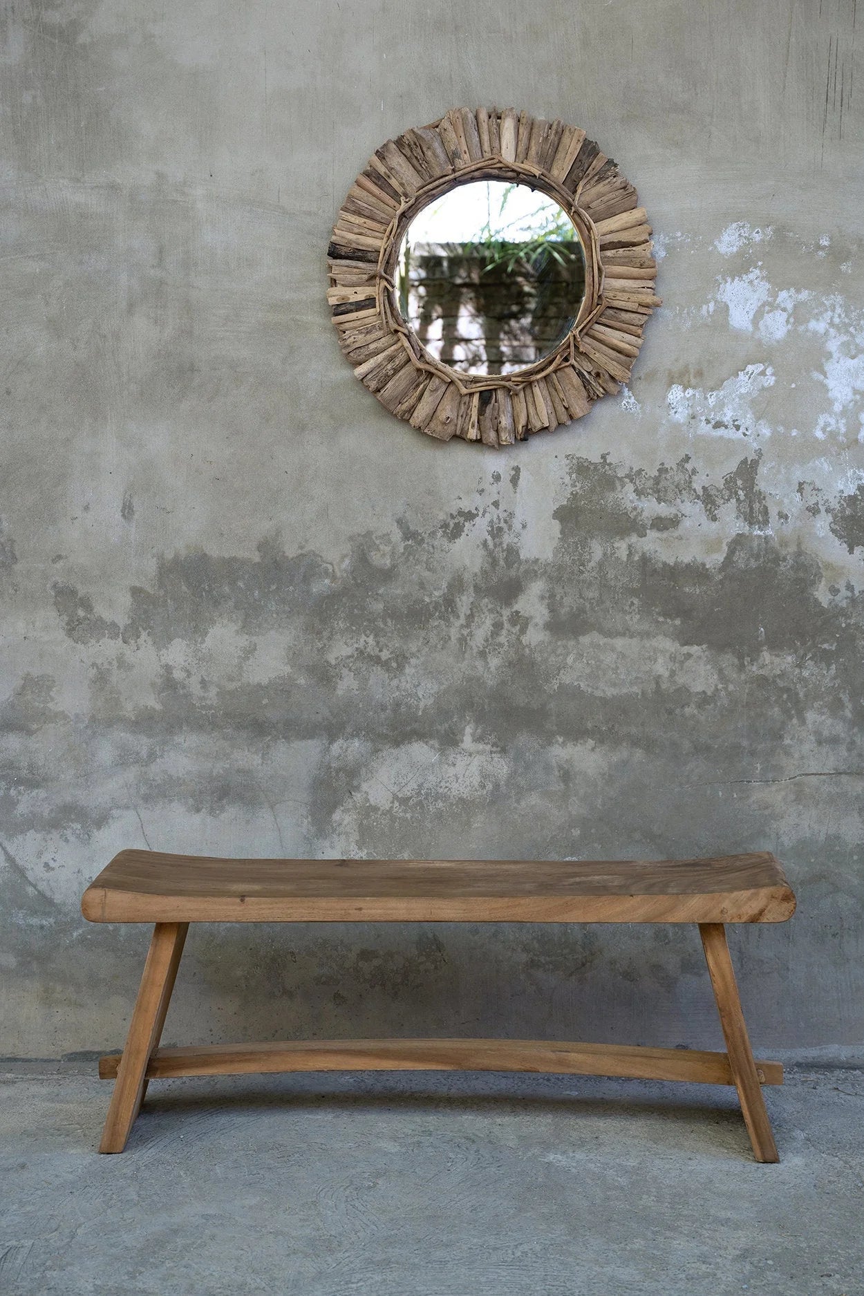 Miroir rond rustique avec cadre en bois et banc en bois massif naturel sur mesure