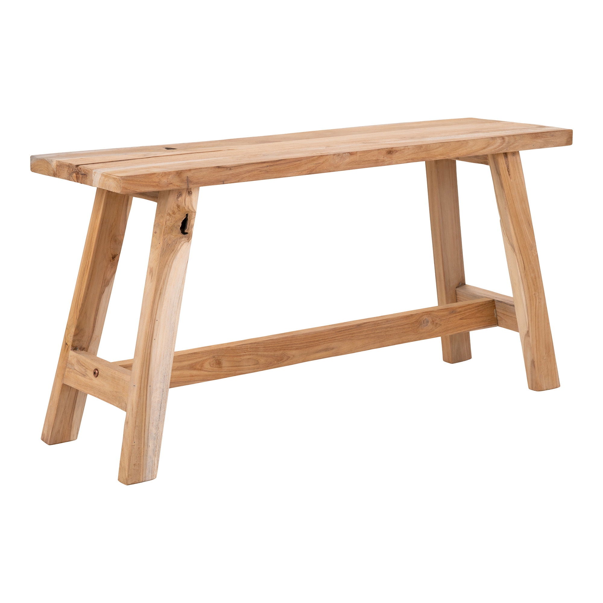 Banc en bois de teck massif, pieds inclinés, 90x25 cm, grain naturel