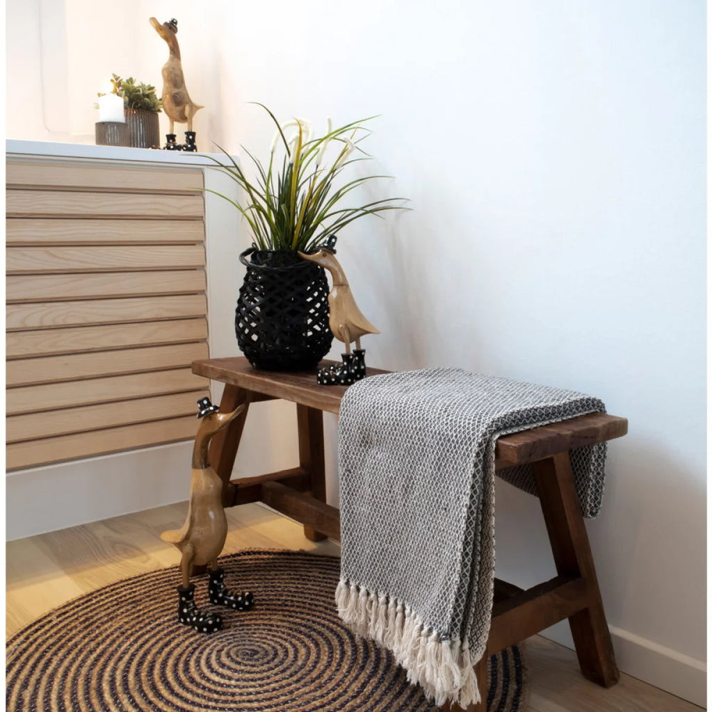 Pot en osier noir avec plante verte et banc teck massif 90x25 cm