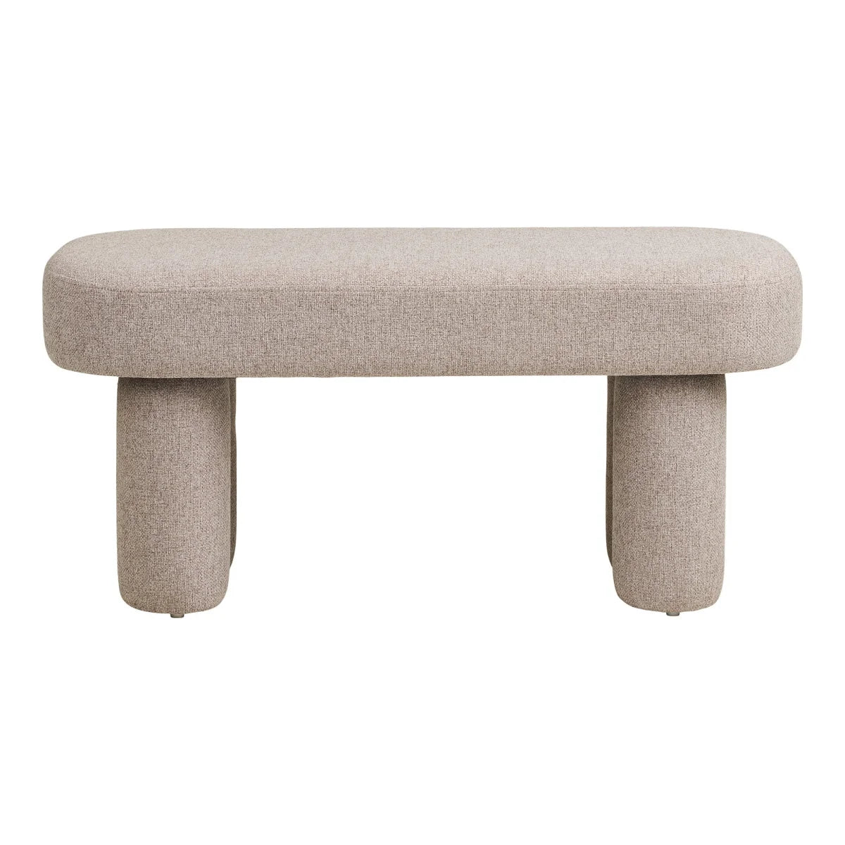 Banquette rectangulaire en tissu beige sable avec pieds rembourrés et épaisses