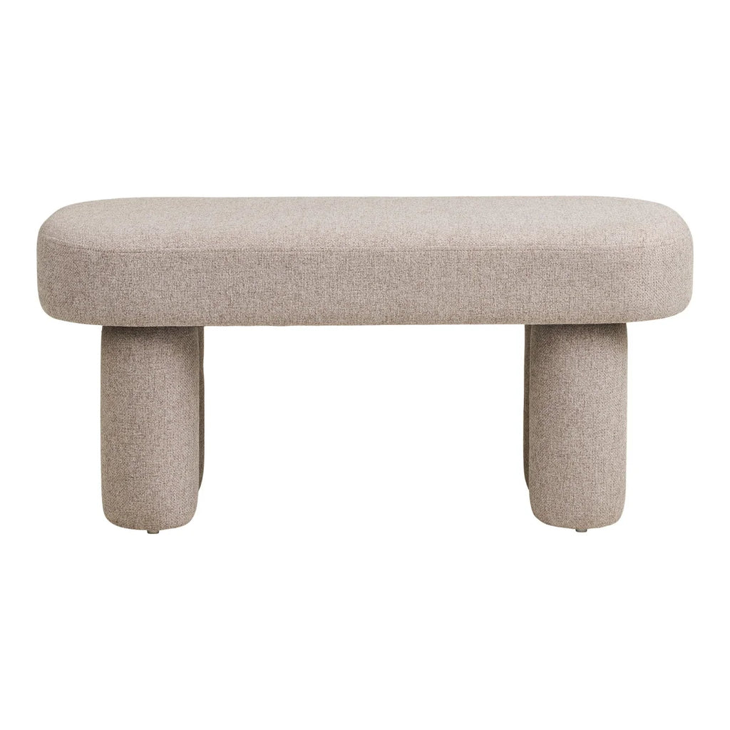 Banc capsule rembourré en tissu beige sable avec pieds tapissés, 95x36 cm