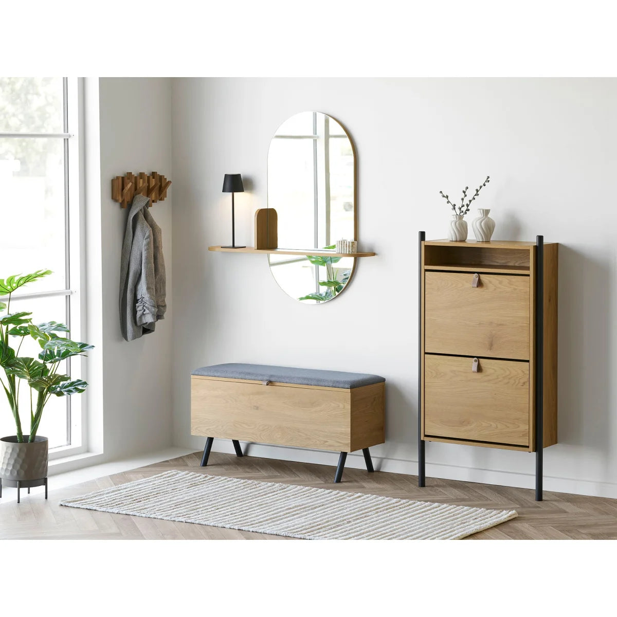 Banc coffre bois effet chêne, assise grise, pieds noirs, 92x33 cm