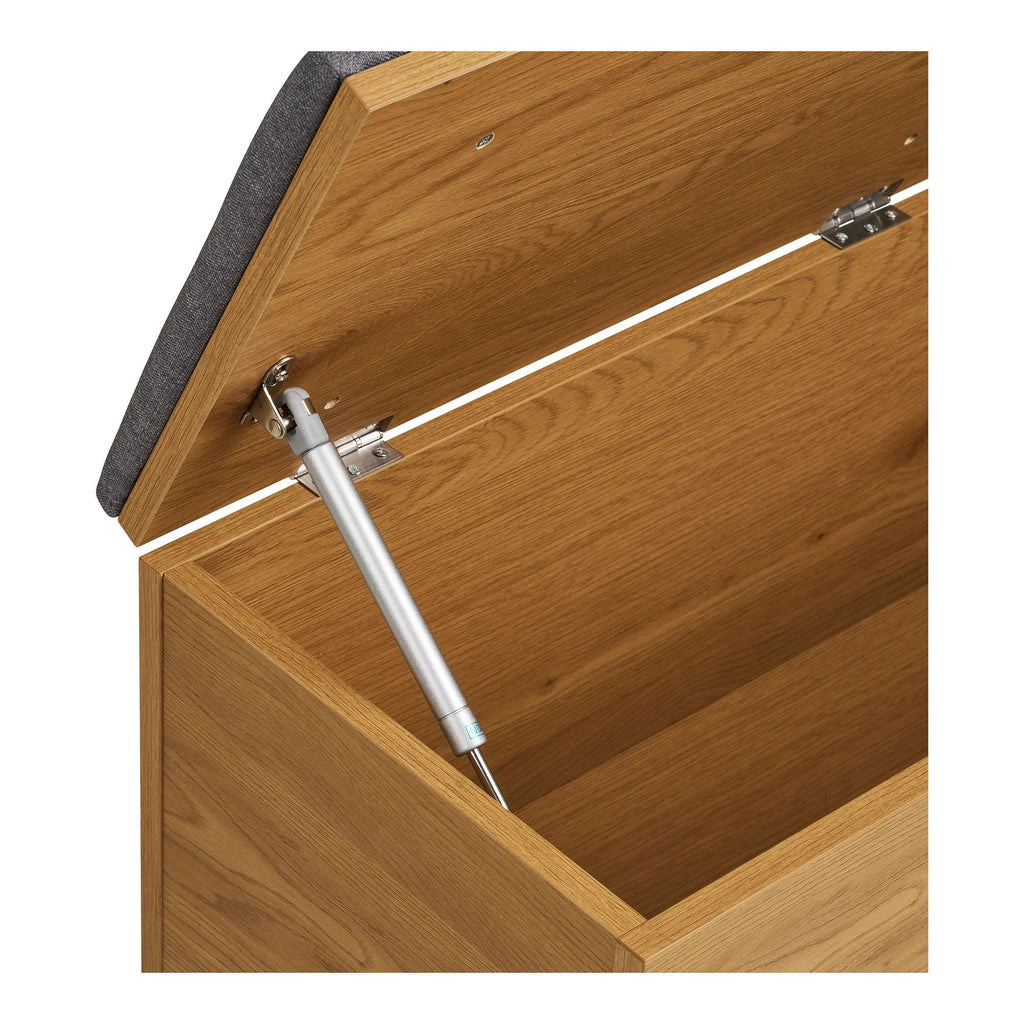 Banquette de rangement en bois effet chêne avec assise grise et pieds noirs