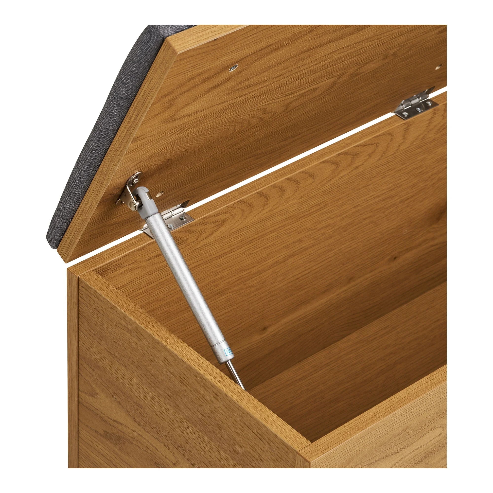 Banquette de rangement en bois effet chêne avec assise grise et pieds noirs