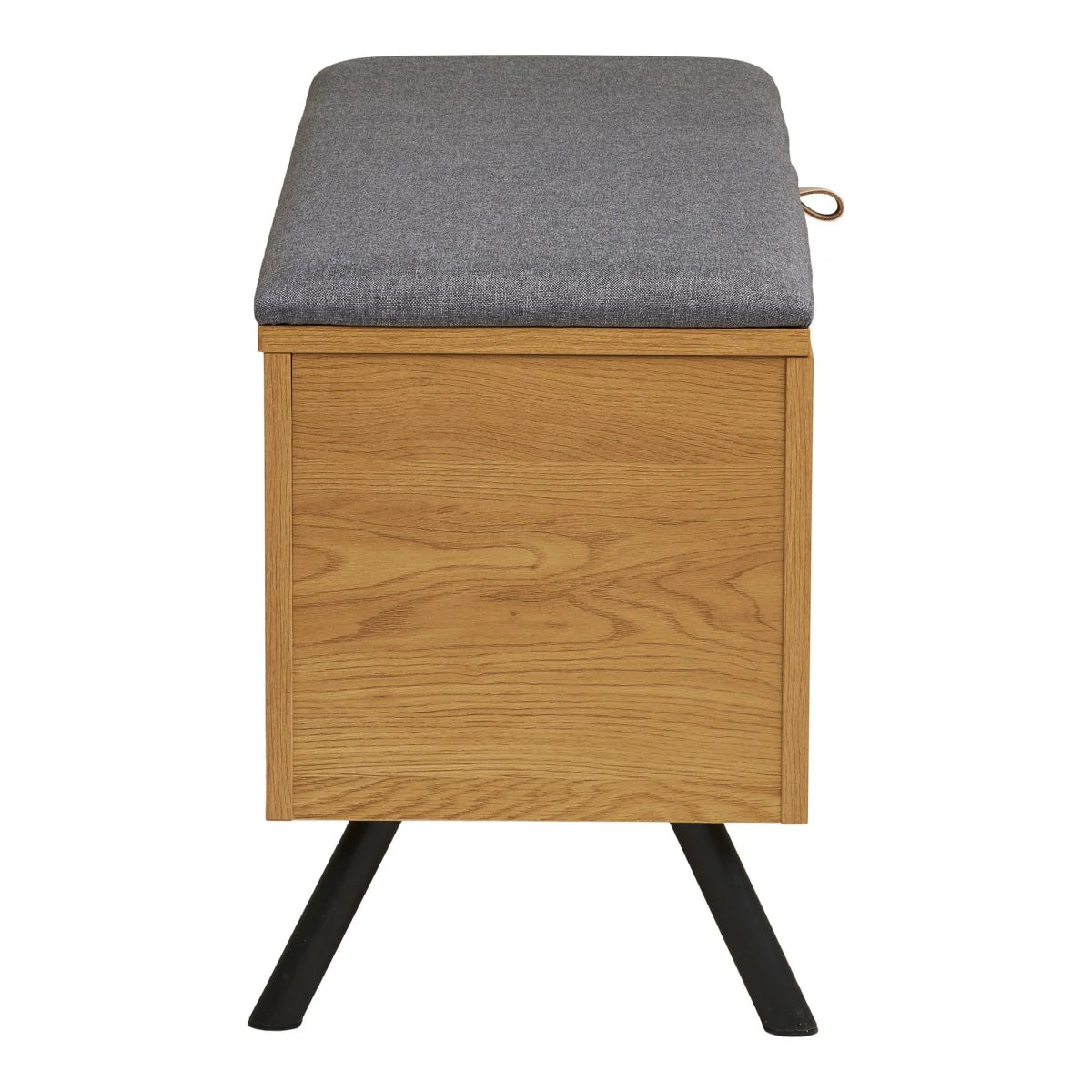 Banc coffre bois effet chêne, assise grise, pieds noirs, 92x33 cm