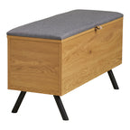 Banc coffre bois effet chêne avec assise grise et pieds noirs 92x33 cm