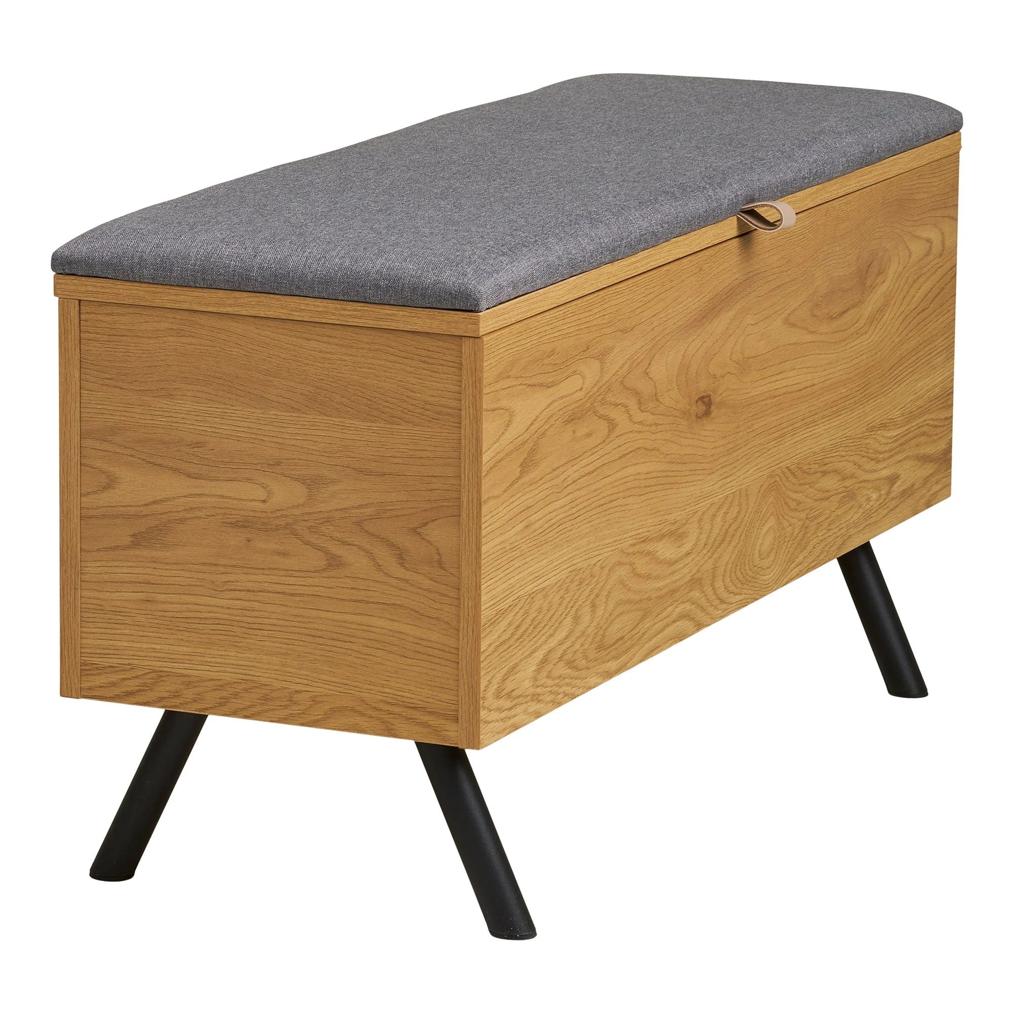 Banc coffre bois effet chêne avec assise grise et pieds noirs 92x33 cm