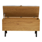 Banquette de rangement en bois clair avec assise grise et pieds noirs 92x33 cm