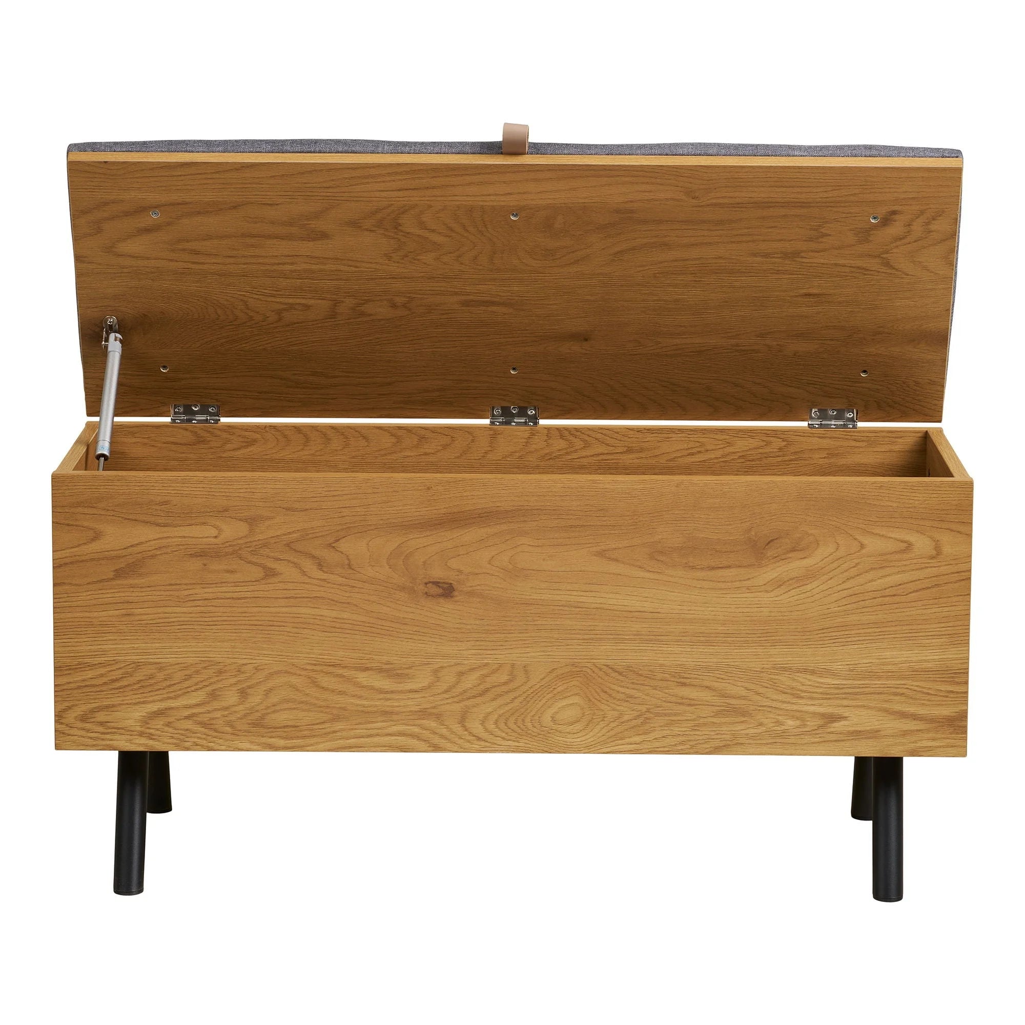 Banquette de rangement en bois clair avec assise grise et pieds noirs 92x33 cm