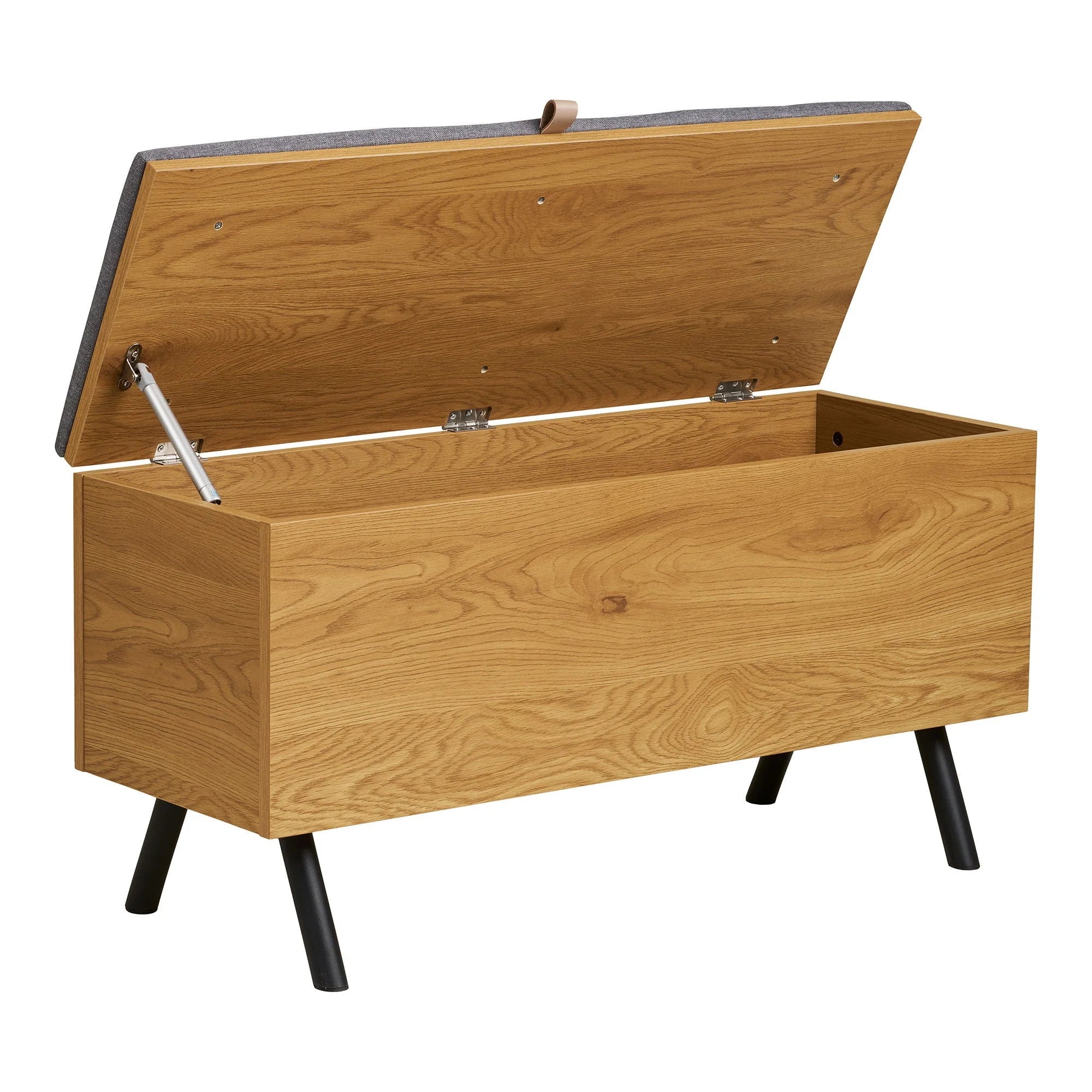 Banquette de rangement en bois clair avec couvercle, pieds noirs, 92x33 cm