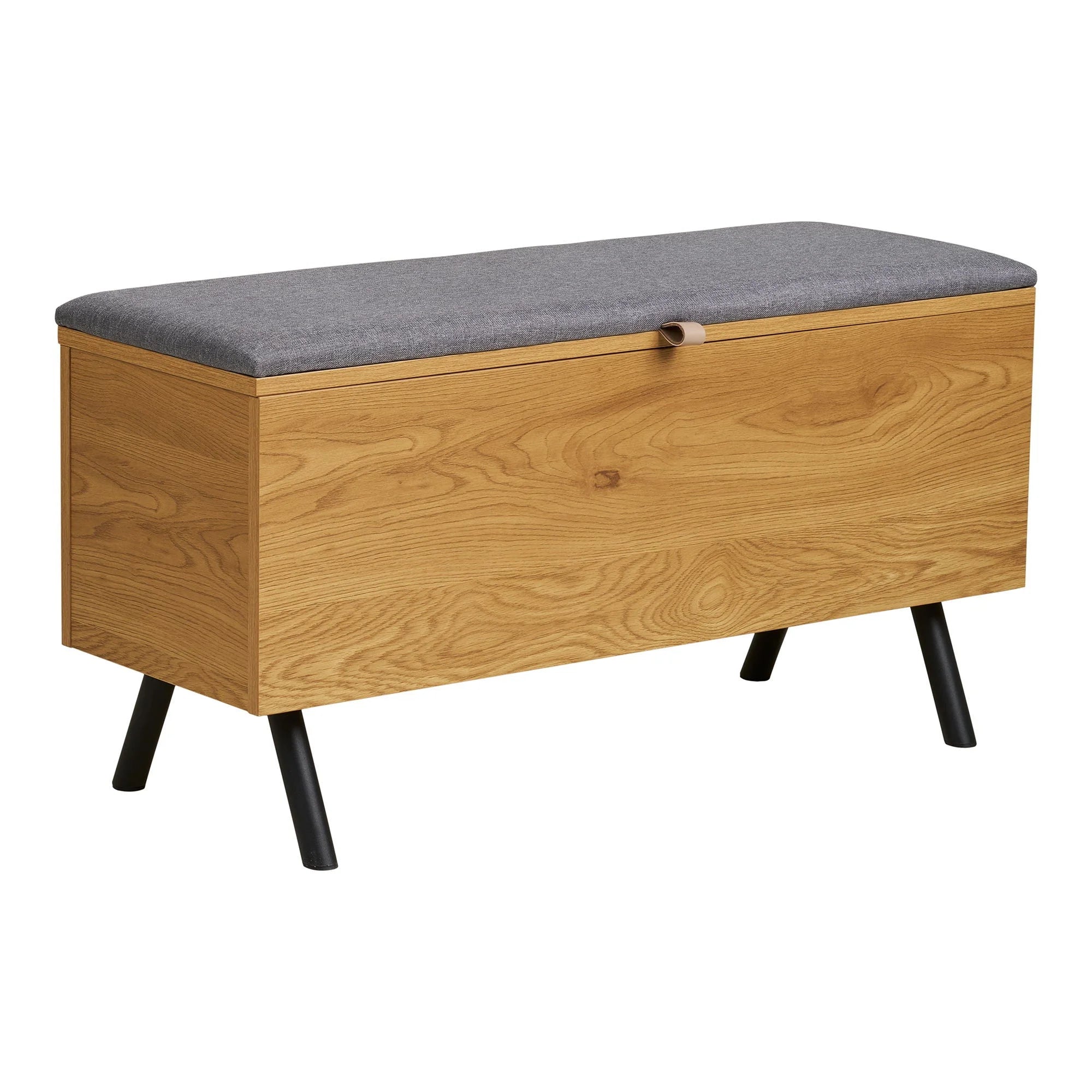 Banquette de rangement en bois effet chêne avec assise grise et pieds noirs