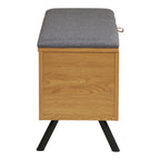 Banquette de rangement en bois effet chêne avec coussin gris et pieds noirs