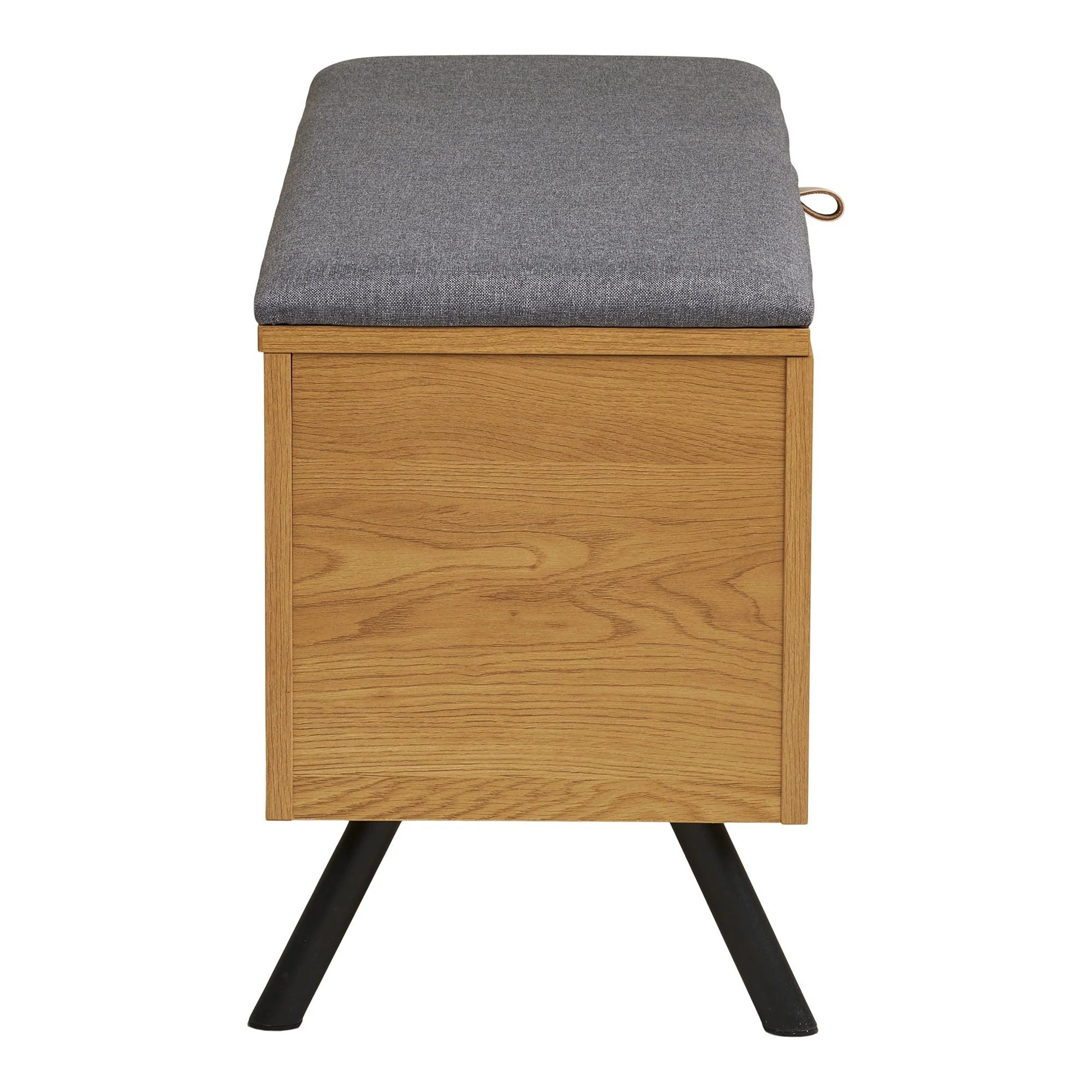 Banquette de rangement en bois effet chêne avec coussin gris et pieds noirs