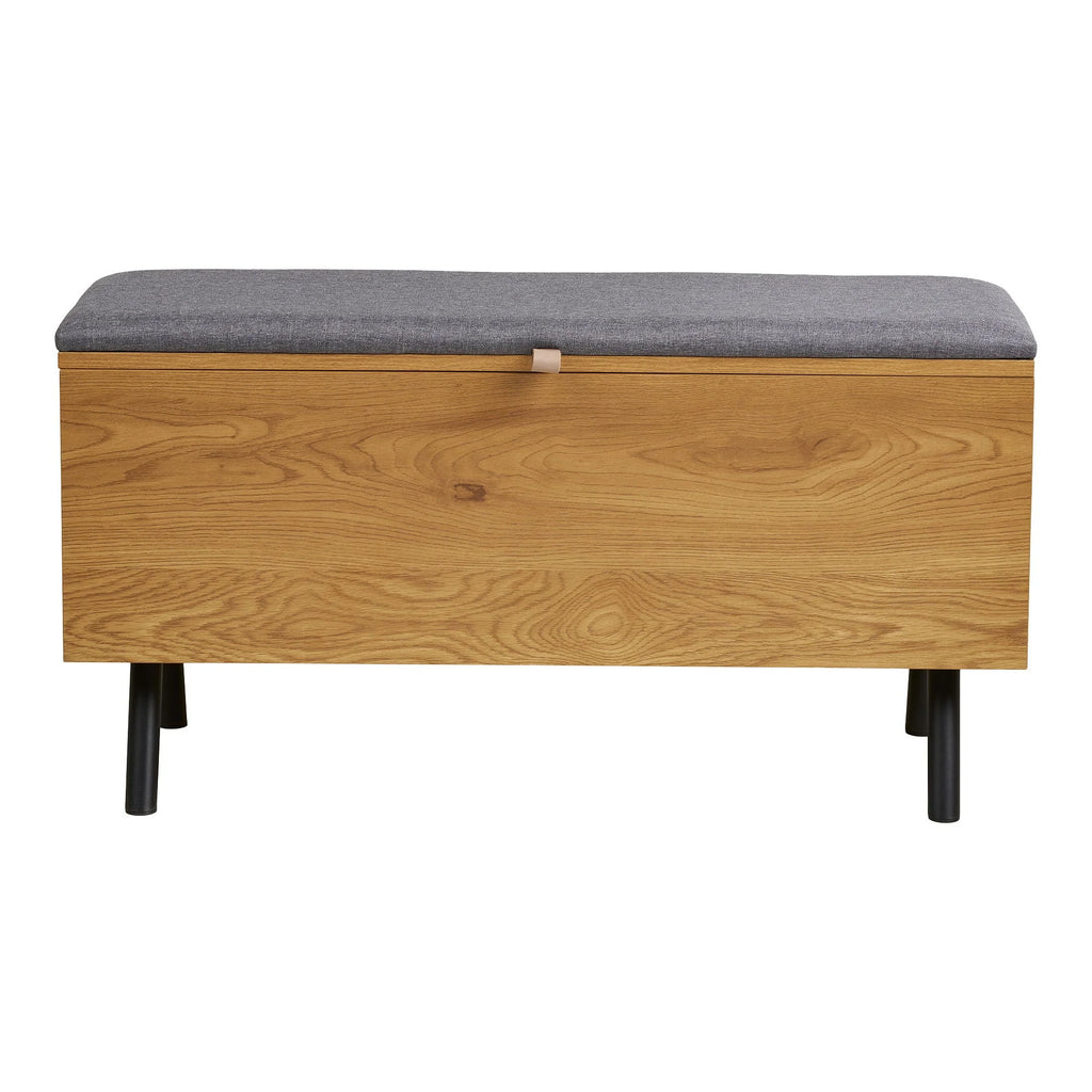 Banquette coffre en bois effet chêne avec assise grise et pieds noirs 92x33 cm