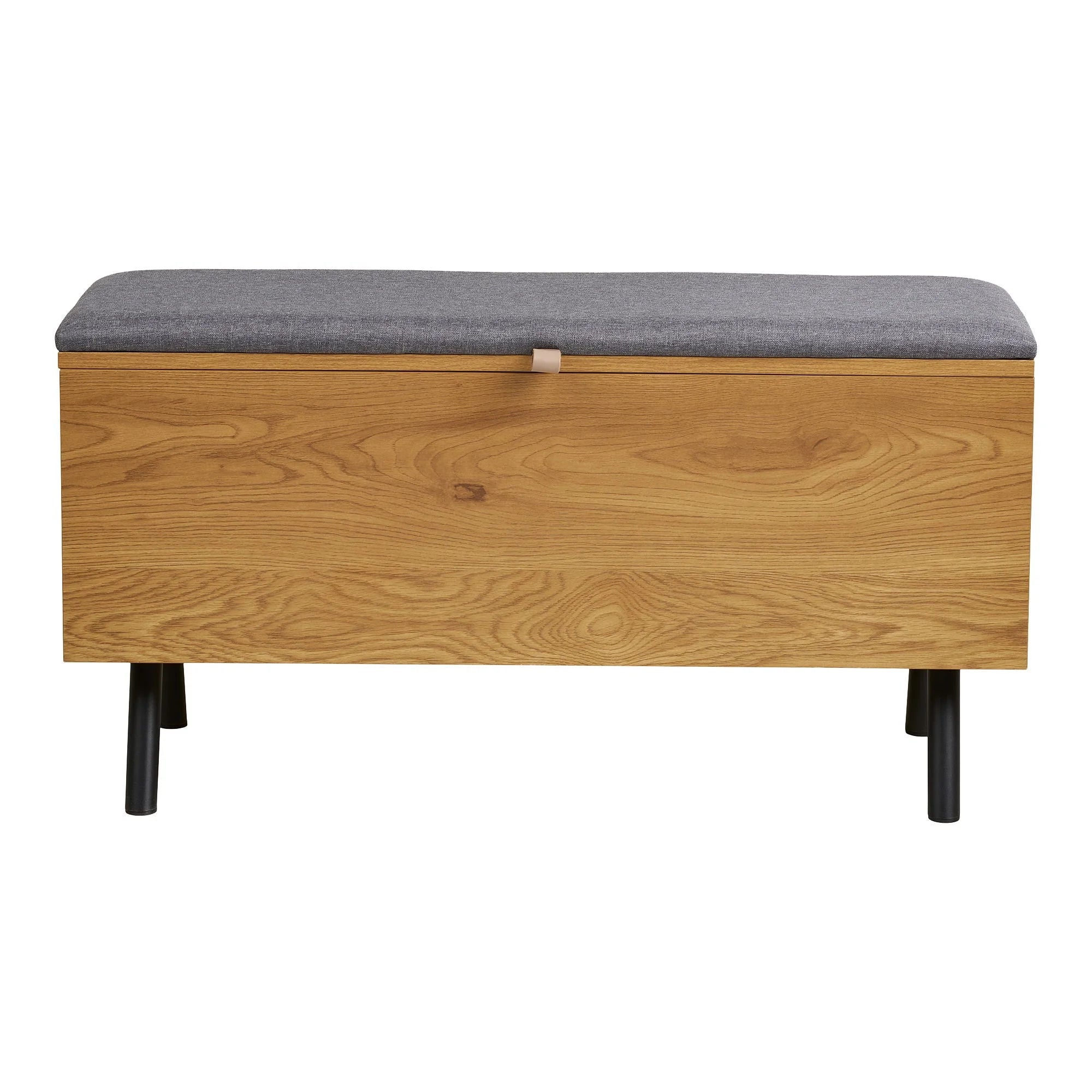 Banquette coffre en bois effet chêne avec assise grise et pieds noirs 92x33 cm