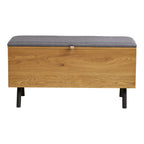 Banc coffre bois effet chêne, assise grise, pieds noirs 92x33 cm