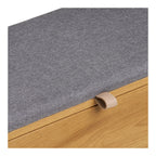 Banquette de rangement en tissu gris avec base en bois et tirette en cuir marron