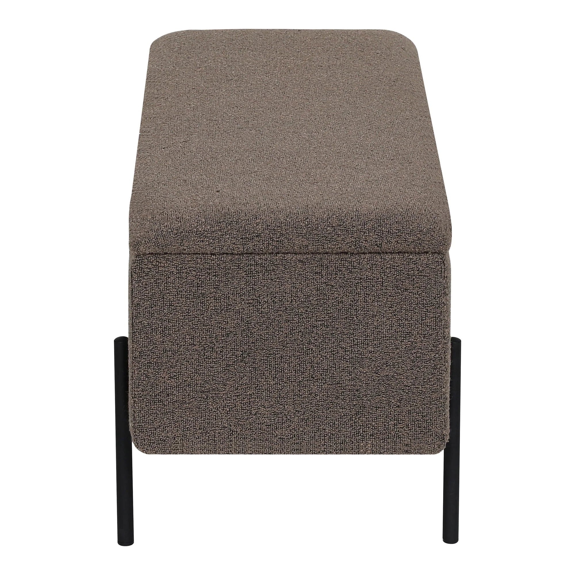 Ottoman de rangement rectangulaire en tissu chiné taupe avec pieds noirs élancés
