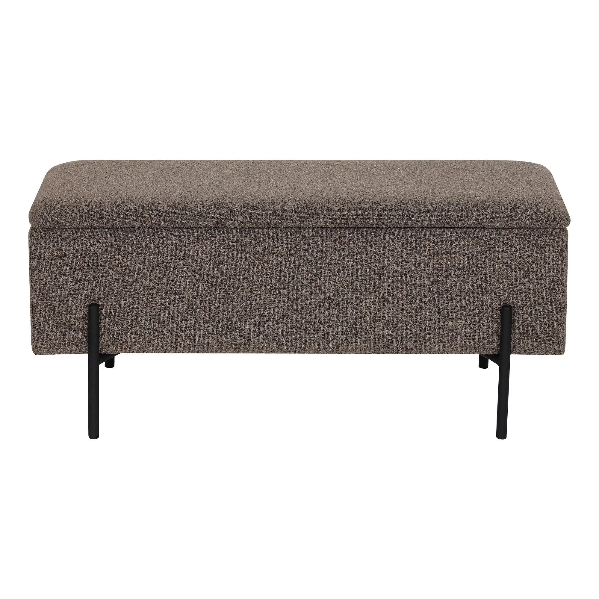 Banquette coffre en tissu chiné taupe avec pieds noirs élancés, 95x36 cm