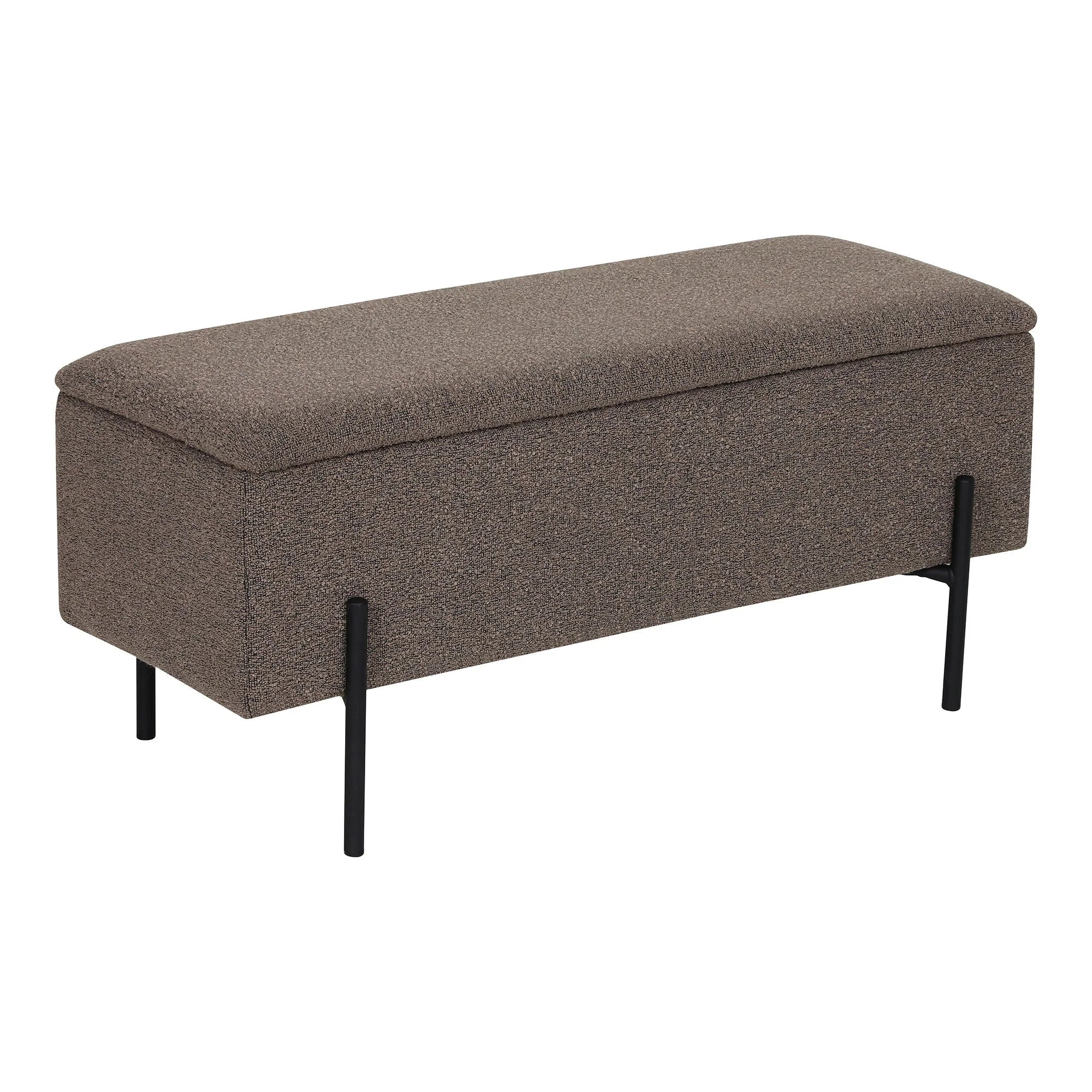 Banquette de rangement en tissu chiné taupe avec pieds noirs élancés