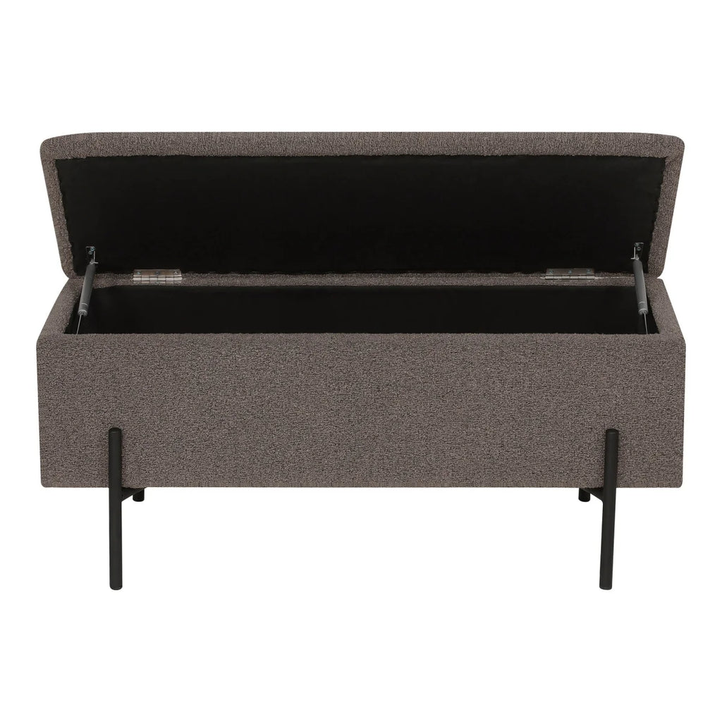 Banc coffre tissu chiné taupe, pieds métal noir, 95x36 cm