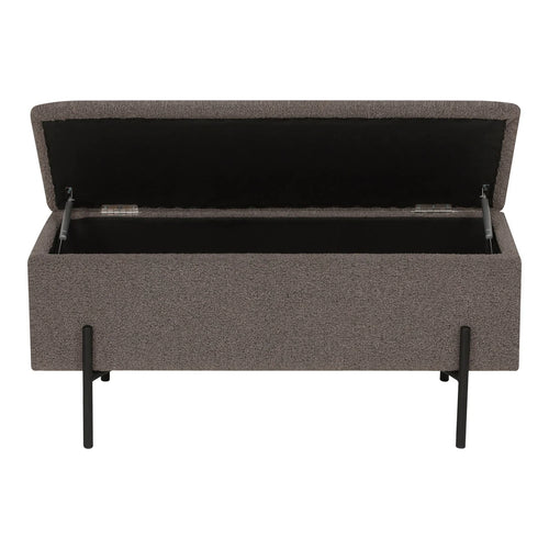 Banc coffre tissu chiné taupe, pieds métal noir, 95x36 cm