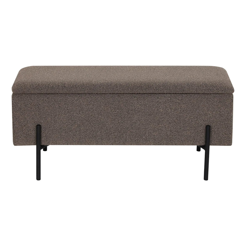 Banc coffre en tissu chiné taupe avec pieds noirs élancés 95x36 cm