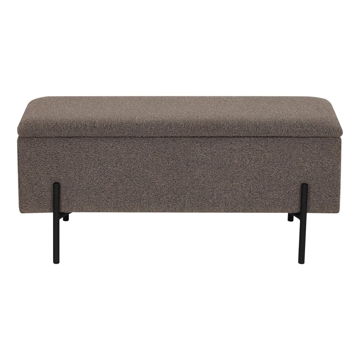 Banc coffre en tissu chiné taupe avec pieds noirs élancés 95x36 cm