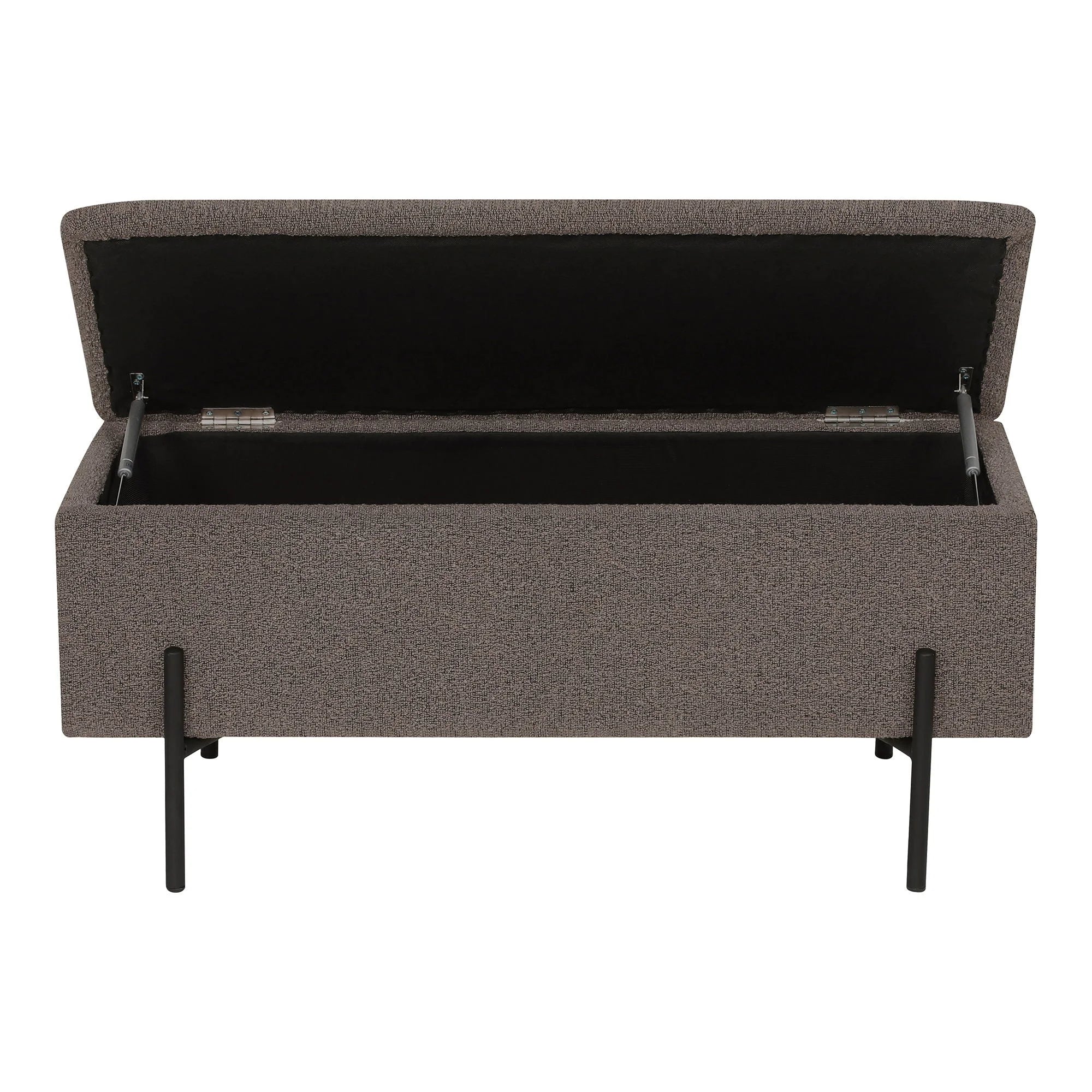 Banquette de rangement en tissu chiné taupe avec pieds noirs élancés 95x36 cm