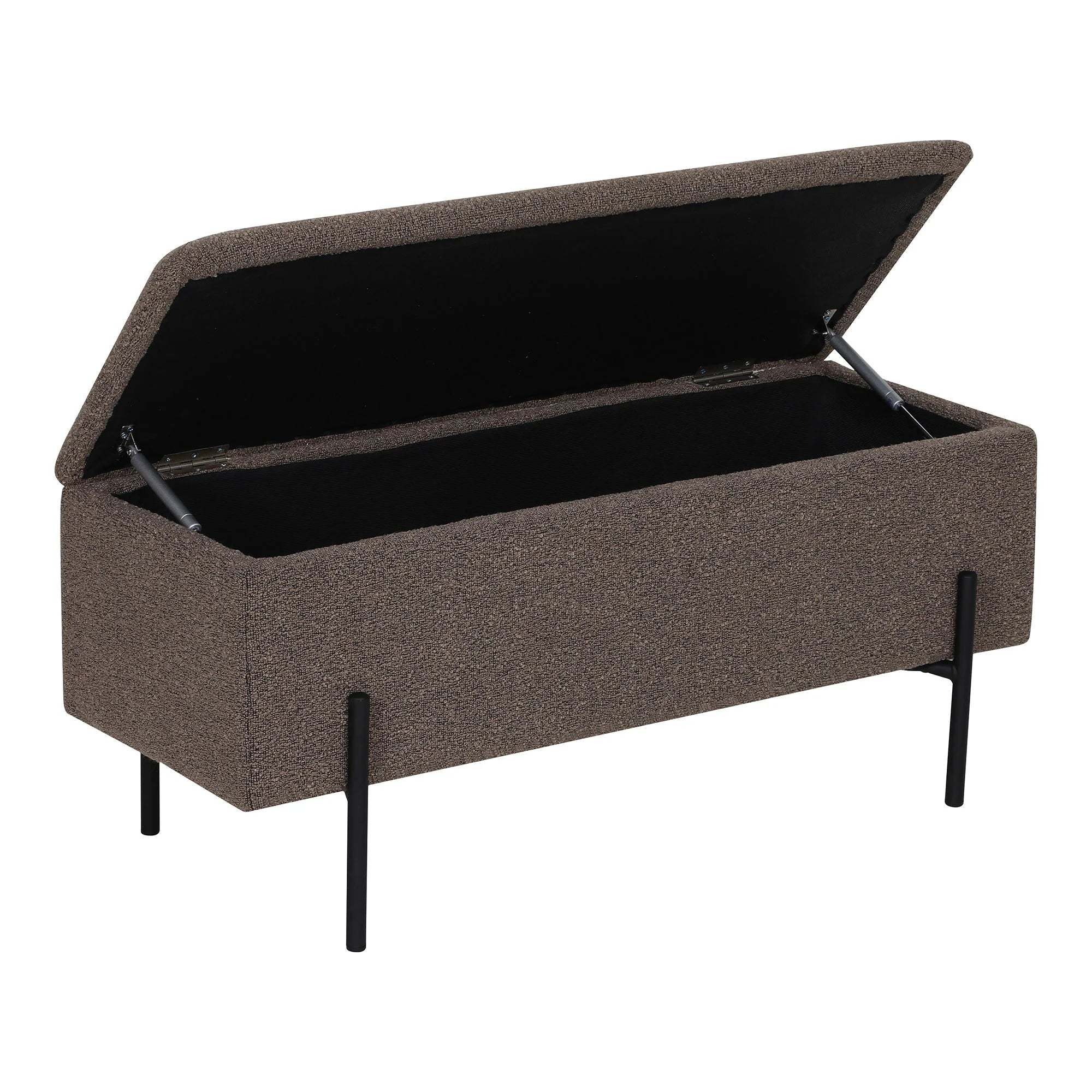 Banquette coffre en tissu chiné taupe avec pieds noirs élancés, 95x36 cm