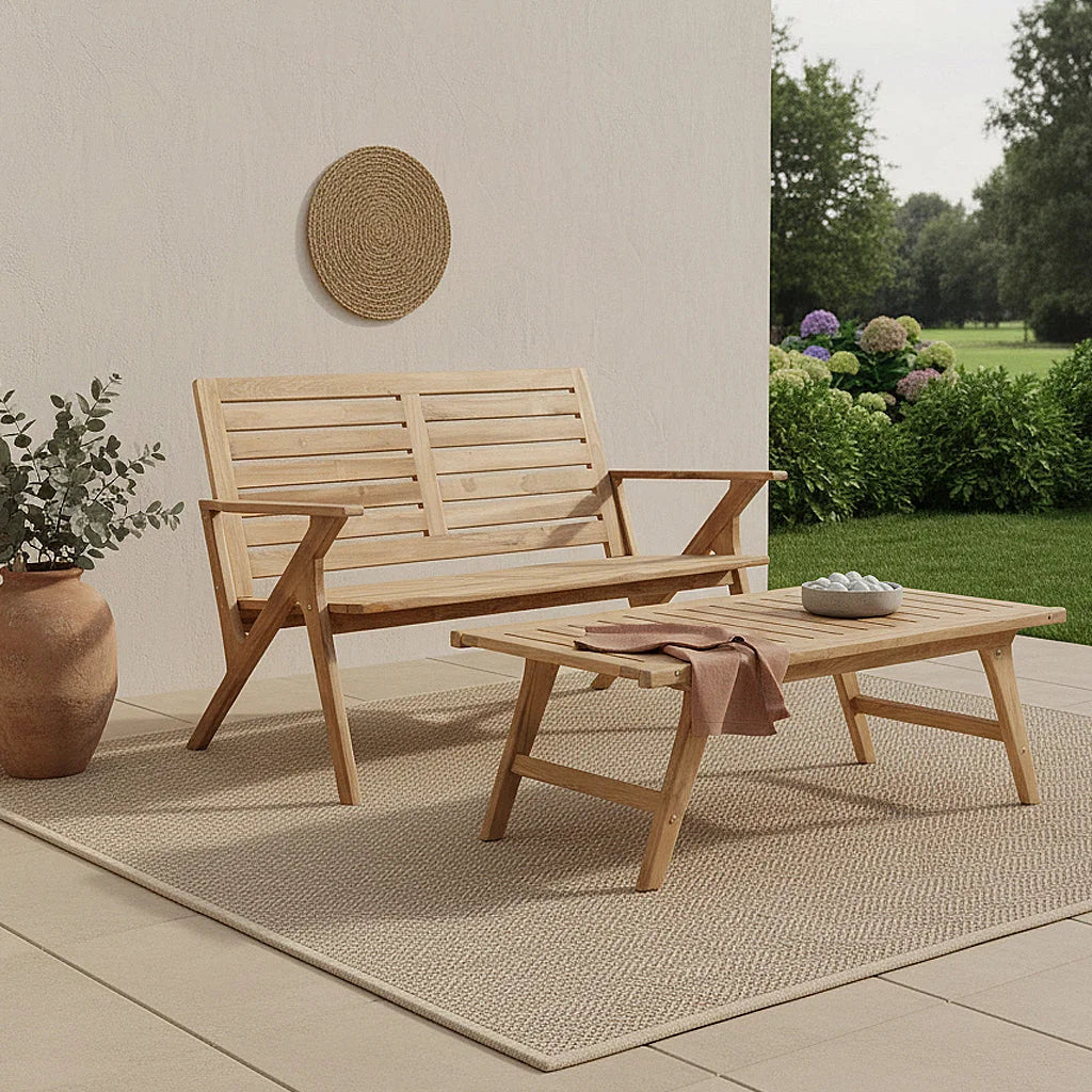 Banc de jardin en bois de teck naturel avec accoudoirs ajourés