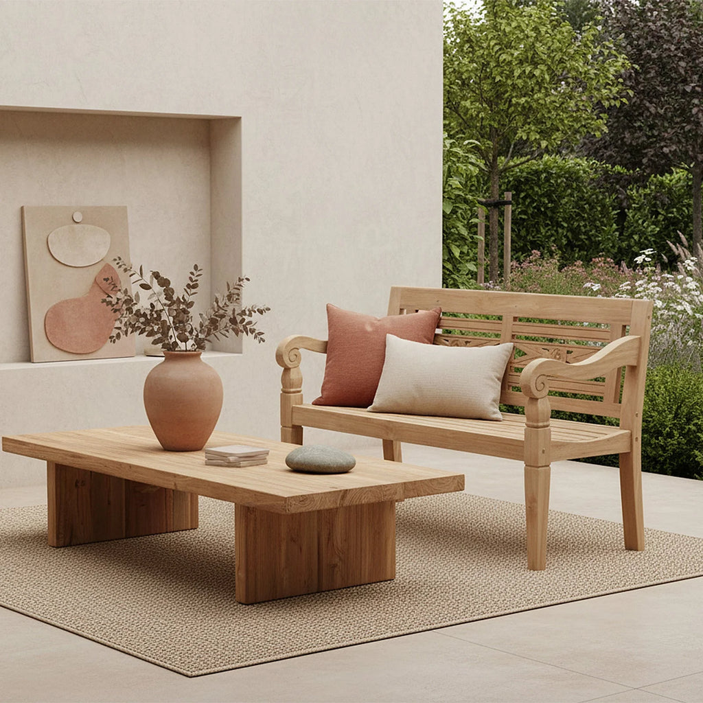 Banc de jardin en teck sculpté, bois naturel, dossier ajouré, 120x65 cm