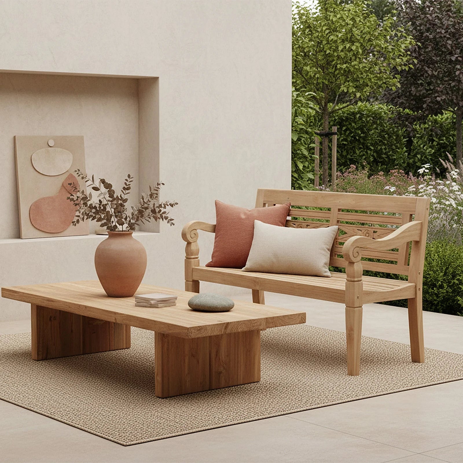 Banc de jardin en teck sculpté, bois naturel, dossier ajouré, 120x65 cm