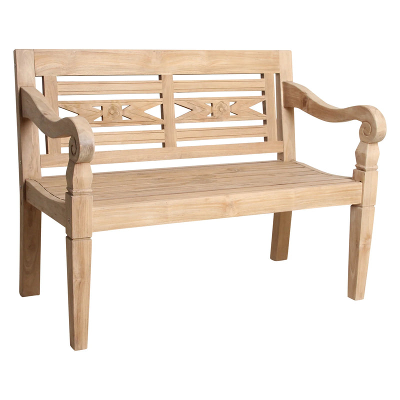 Banc de jardin en teck sculpté bois naturel avec dossier ajouré – 120x65 cm