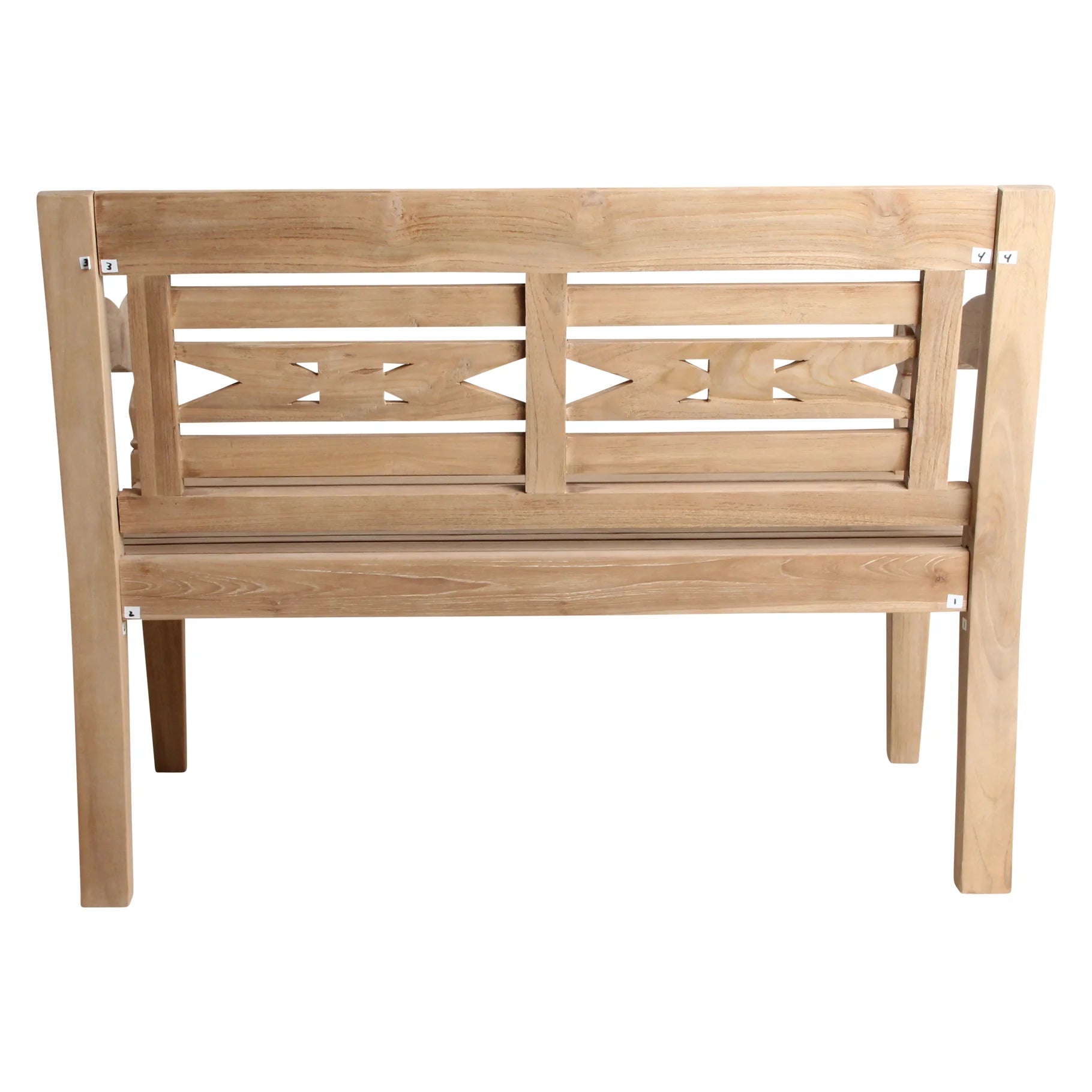 Banc de jardin en teck sculpté, bois naturel, dossier ajouré 120x65 cm