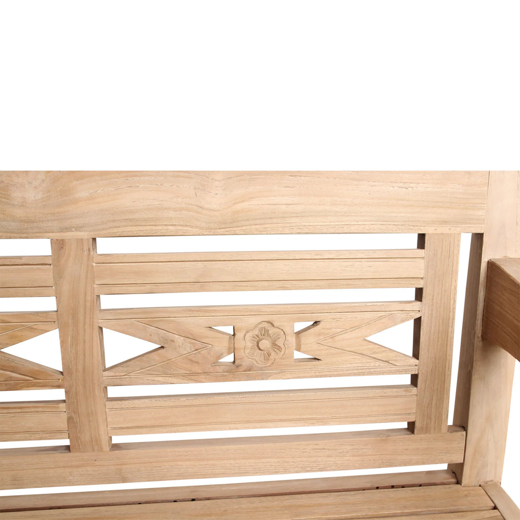 Banc de jardin en teck sculpté, bois naturel, dossier ajouré floral et géométrique, 120x65 cm