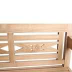 Banc de jardin en teck sculpté, bois naturel, dossier ajouré floral et géométrique, 120x65 cm