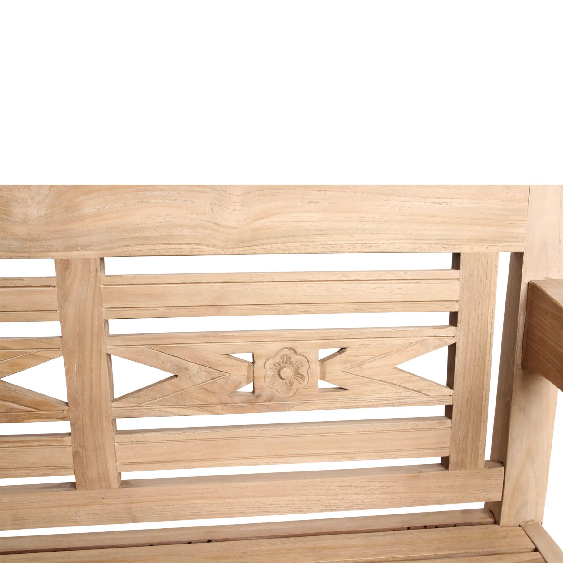 Banc de jardin en teck sculpté, bois naturel, dossier ajouré floral et géométrique, 120x65 cm