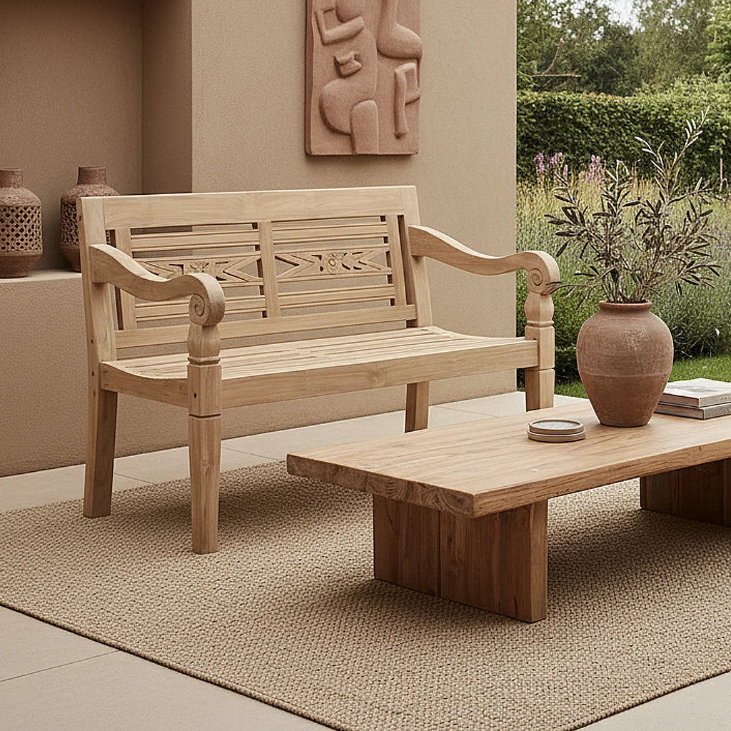 Banc de jardin en teck sculpté, bois naturel, 120x65 cm