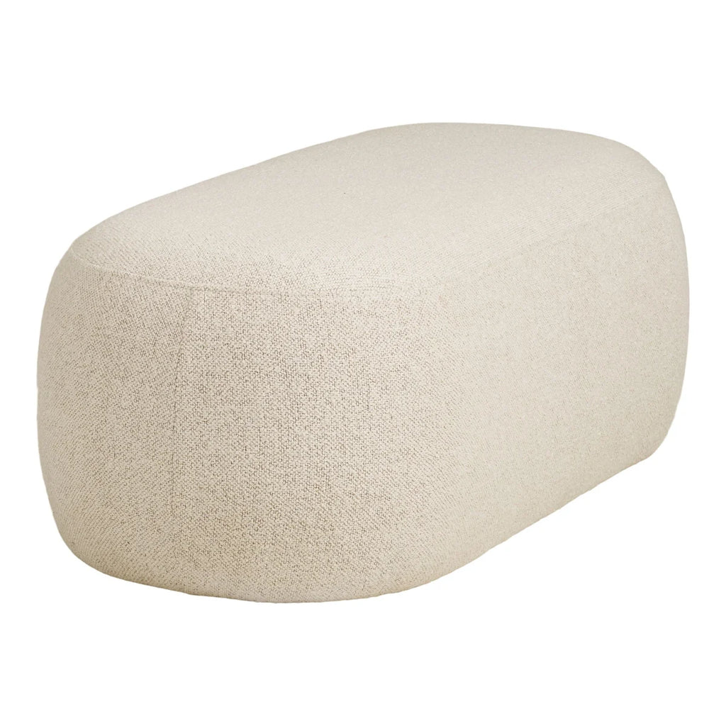 Ottoman bouclé beige texturé avec design moderne, forme galet, 100x50 cm