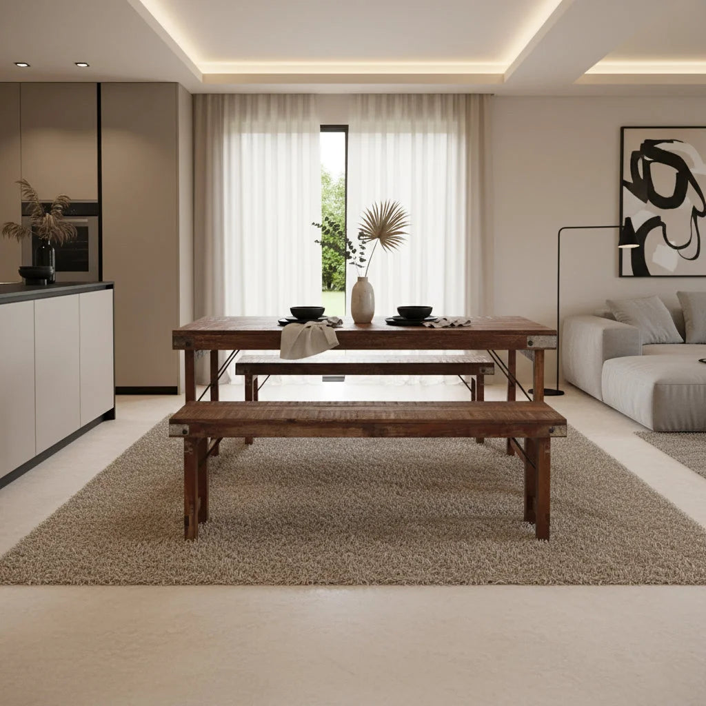 Banc pliable en bois recyclé brun avec renforts métal, 160x30 cm